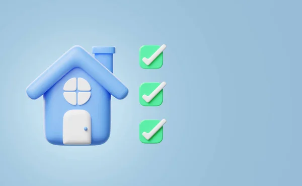 3d blue house with windows, door icon. home model, check box floating on blue background. Business about investment. Home Inspection concept. Mockup cartoon icon minimal style. 3d render illustration.