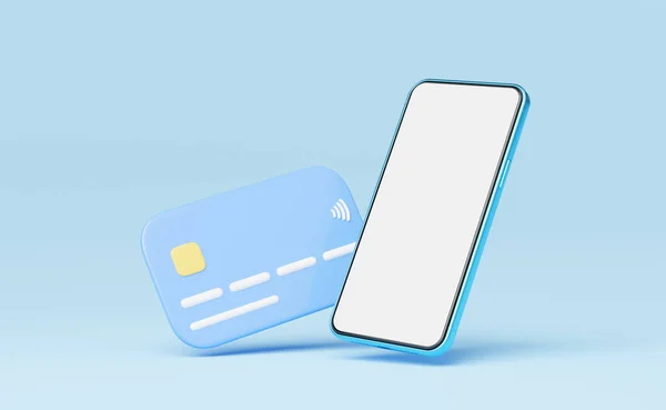 Phone Mit Kreditkarte Schwebt Auf Blauem Hintergrund Mobile Banking Und — Stockfoto