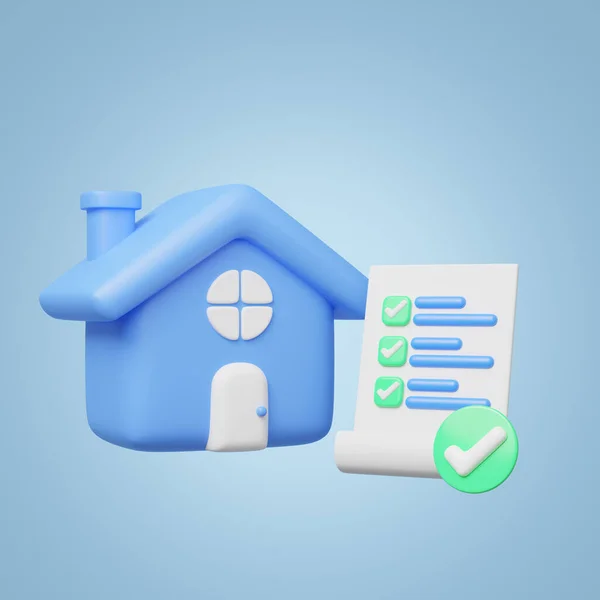 3d blue house, paper sheets, check marks icon. Home model, checklist floating on blue background. Approved document. Home Inspection concept. Mockup cartoon icon minimal style. 3d render illustration.