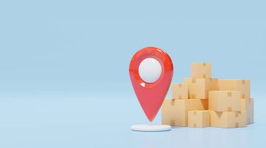 3D kırmızı konum haritası, şifre ve kutu. Plastik gerçekçi GPS navigatörü, mavi arka planda yığınla mühürlü karton kutu. Teslimat, hızlı nakliye konsepti. Çizgi film simgesi çok az. 3d hazırlayıcı.