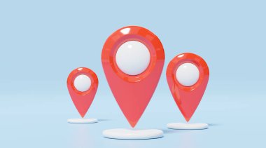Beyaz baloncuk ikonlu 3d kırmızı konum haritası. Plastik gerçekçi GPS yön bulucu mavi arka planda kontrol noktaları. Hedefi işaretle. Çizgi film 3d simgesi en az stil. 3d resimleme.
