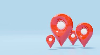 3D GPS yön bulma simgesi. Hedef için beyaz baloncuklu kırmızı konum haritası iğnesi. Mavi fotokopi arkaplanındaki 4 plastik gerçekçi kontrol noktası. Çizgi film 3d simgesi en az stil. 3d resimleme.