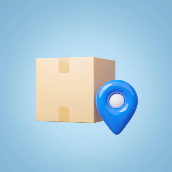 3d brown box, location pin icon. Blue GPS navigator checking points, realistic cardboard boxes floating. Market online, Fast delivery, Express shipping concept. Cartoon icon minimal style. 3d render.