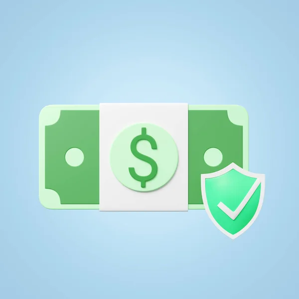 Bundles cash dollar or banknote, guardian shield, check security  floating blue background. Saving money, Mobile banking, Online payment, Technology protection concept. Cartoon icon minimal. 3d render