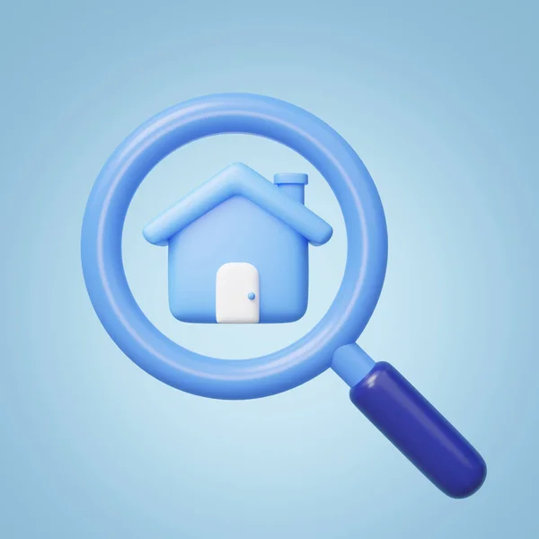 3D house search icon. Magnifying glass, cute home isolated on blue background. Business investment, real estate, inspection, find, research concept. Cartoon icon minimal style. 3d render illustration.