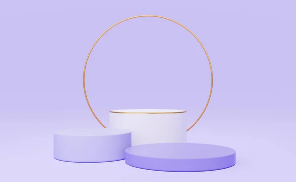 3d white cylinder podium with gold border and copper circle on purple background. Empty pedestal mockup space for display product design. Abstract minimal studio geometric shape object. 3d rendering.