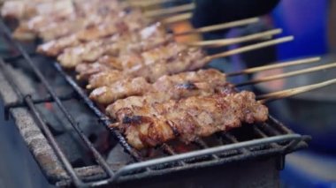 Tayland 'da sokak yemeklerinde timsah eti kızartıyorum. Asya sokak yemeklerinde egzotik et şişleri mangal yapıyor.