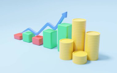 İş grafiği büyümesi ve mavi arka planda daha yüksek ok. Asgari madeni para yığını. Finansal yatırım ticareti, tasarruf konsepti. Kontrol paneli finans raporu. Mobil bankacılıkta banka mevduatı. 3d hazırlayıcı