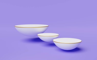 Mor arka planda altın kenarlı 3 beyaz kürenin kürsüsü. Ürün tasarımı için boş kaide modelleme alanı. Soyut, stüdyo geometrik şekil nesnesi. 3d oluşturma.