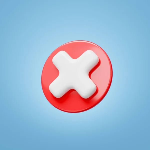 3D Realistic cross check mark button icon. Red circle with white cancel tick floating on blue background. Symbol no, wrong, negative, decline, danger concept. Cartoon icon minimal style. 3d rendering.