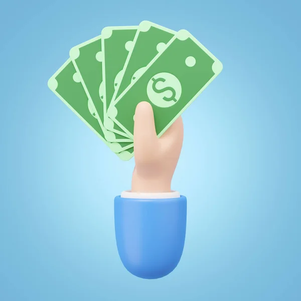3D Hand holding banknote icon. Cartoon businessman wearing suit holds a fan of money floating isolated on blue background. Money saving, shopping online payment concept. Cartoon minimal 3d icon render