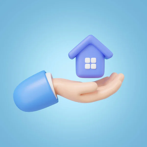 Hand Holding Home Icon Toy House Hand Floating Isolated Blue — Foto de Stock
