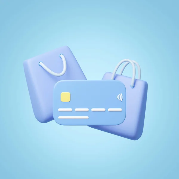 Karta Kredytowa Papierowa Torba Zakupy Unosząca Się Niebieskim Tle Marketing — Zdjęcie stockowe
