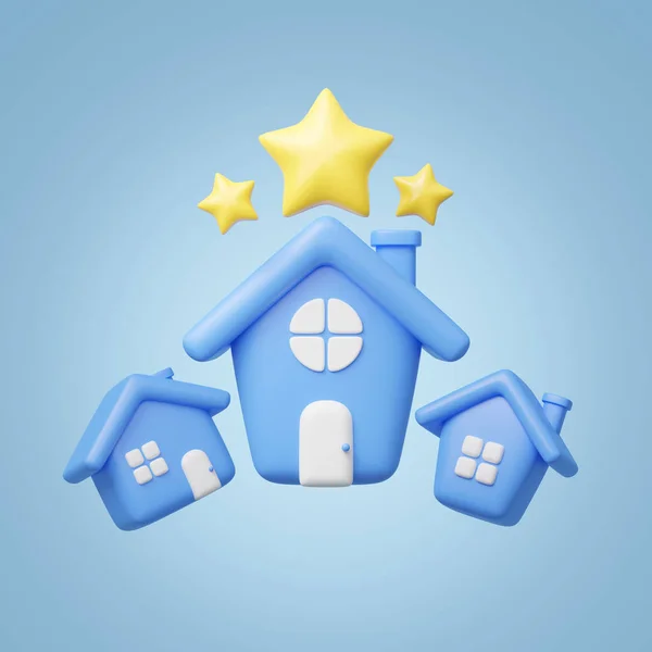 Blue House Three Star Rating Icon Cute Home Symbol Floating — Foto de Stock