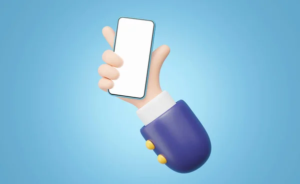 3D Mobile phone in human hand icon. Businessman wearing suit holding blue smartphone blank white screen floating isolated. Mockup space for display application. Business cartoon style. 3d icon render.
