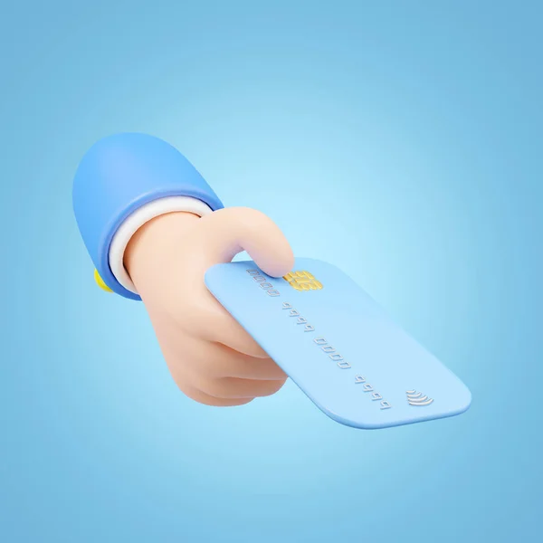 Realistic credit card accept icon. Hand hold credit card and floating isolated on blue background. Online store credit card or debit cards accept. Cashless society concept. Cartoon minimal 3d render.