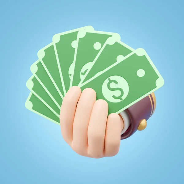 3D Hand holding banknote icon. Cartoon businessman wearing red suit holds a fan of money floating isolated on blue background. Money saving, shopping online payment concept. Cartoon minimal 3d render.