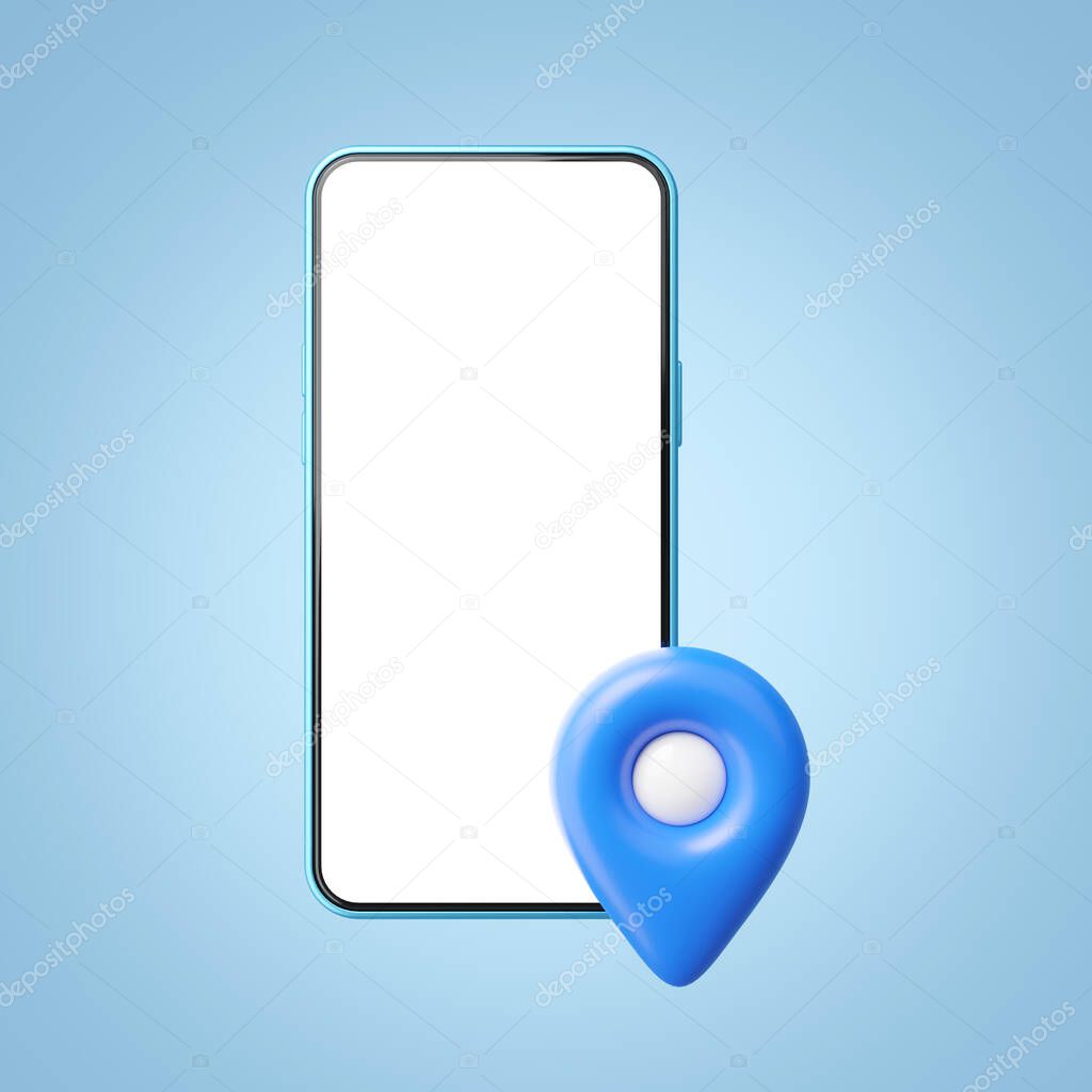 3d smartphone, location pin icon floating on blue copy space background. GPS navigator and mobile phone with blank white screen. Market online, Fast delivery concept. Cartoon icon style. 3d render.