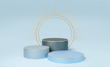 Lüks gösterim için 3D Pedestal maket alanı. 3 boş gri, altın kenarlı siyah silindir podyum, mavi arka planda çivilenmiş halo daire. Soyut, stüdyo geometrik şekil nesnesi. 3d oluşturma.