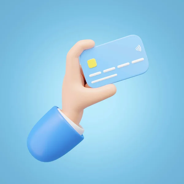 3D Hand holding Credit card and floating isolated on blue background. Online store credit card or debit cards accept. Withdraw money, Easy shopping, Cashless society concept. Cartoon minimal 3d render