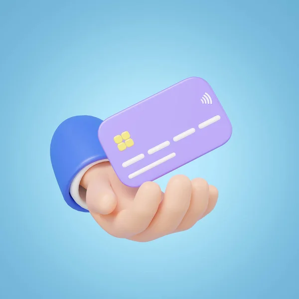 3D Hand holding purple credit card and floating isolated on blue background. Online store credit or debit cards accept. Withdraw money, Easy shop, Cashless society concept. Cartoon minimal 3d render.