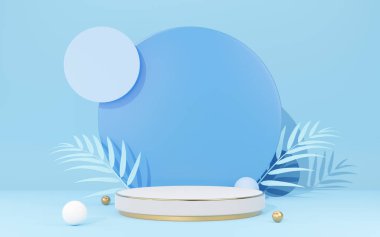 3 boyutlu beyaz silindir podyum, palmiye yaprağı, altın kenar, mavi fotokopi arkaplan üzerinde daire şeklinde. Ürün görüntülemek için boş kaide modelleme alanı. Soyut stüdyo geometrik nesne. 3d hazırlayıcı