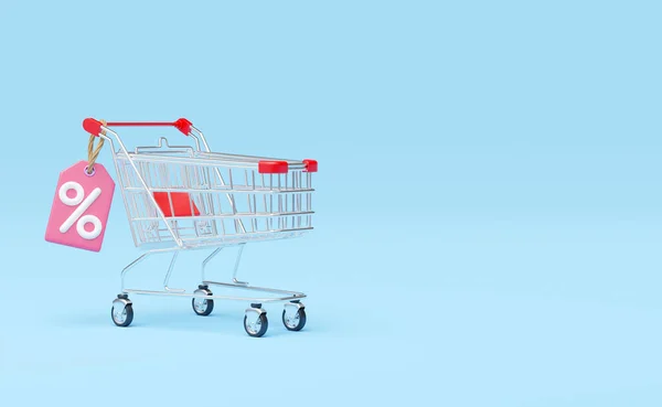 Shopping cart, special offer icon. 3D White Shop trolley with percent discount tag isolated on blue copy space background. Digital market online, Super sale concept. Business cartoon style. 3d render.