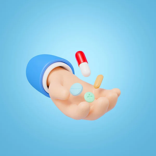 Medicine fell into hand icon. 3D Doctor holding drug, antibiotic pill capsule. Pharmacy dispense. Health care, medical treatment, pharmaceutical or medication concept. Cartoon minimal icon. 3D render.