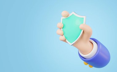3d Data güvenlik koruma simgesi. İşadamı elinde mavi arka planda yüzen yeşil bir kalkan tutuyor. Ağ güvenliği iş dünyası bilgisayar konseptini koru. Çizgi film tarzı asgari. 3d resimleme.