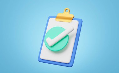 Mavi arka planda işaretli 3D kağıt kağıtlar. Doğrulandı veya onaylandı belge simgesi. Kontrol listesi sembollü bej pano. Görev tamamlandı. İş karikatürü ikonu. Kırpma yolu ile 3d oluşturma.