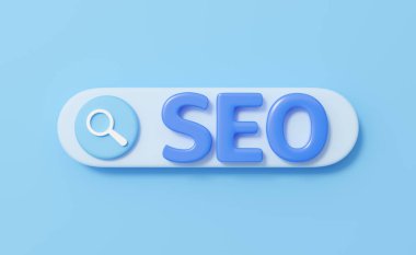3D Tarayıcı Seo araması. Metin için web sekmesi, mavi arkaplanda izole edilmiş büyüteç. Arama çubuğu, keşif, araştırma konsepti. Çizgi film simgesi minimumda. UI elementi. Kırpma yolu ile 3d oluşturma.