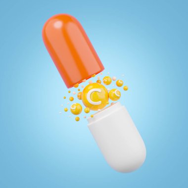 C vitamini takviyesi. Mavi arka planda turuncu kapsül hapı açık. Sağlık hizmetleri tıbbi ve uyuşturucu işi konsepti. Beslenme takviyeleri serbest radikallerin reklamını etkisizleştiriyor. 3B görüntüleme