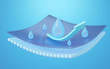 Su damlacıklı 3D su geçirmez ped, mavi arka planda yansıtma oku. Su geçirmez malzeme ve koku emiciyi kapatın. Endüstriyel reklamlar için nem ve ısı geçirmez malzemeler. 3d hazırlayıcı.