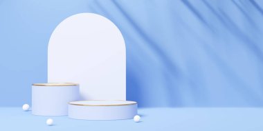 Altın kenarlı 3 boyutlu beyaz silindir podyum, mavi kemerli gölge palmiye yaprağı ve arka planı kopyala. Ürün tasarımı için boş kaide modelleme alanı. Stüdyo nesnesi soyut. 3d hazırlayıcı.