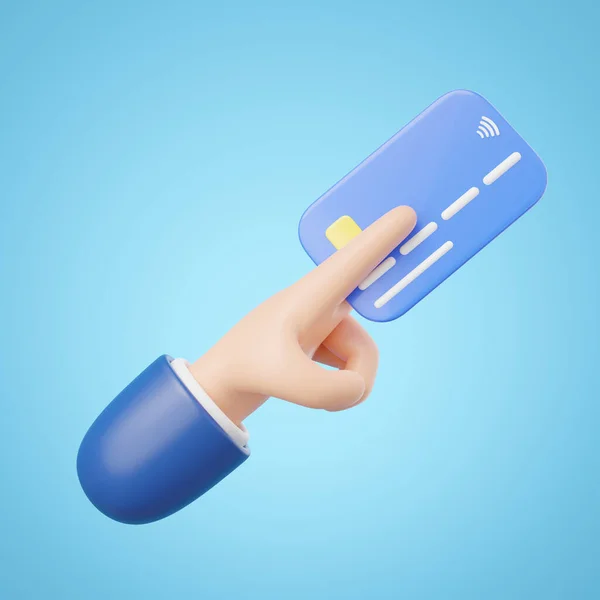 Realistic credit card accept icon. Hand hold credit card and floating isolated on blue background. Online store credit card or debit cards accept. Cashless society concept. Cartoon minimal 3d render.