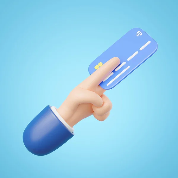 3D Hand holding Credit card and floating isolated on blue background. Online store credit card or debit cards accept. Withdraw money, Easy shopping, Cashless society concept. Cartoon minimal 3d render