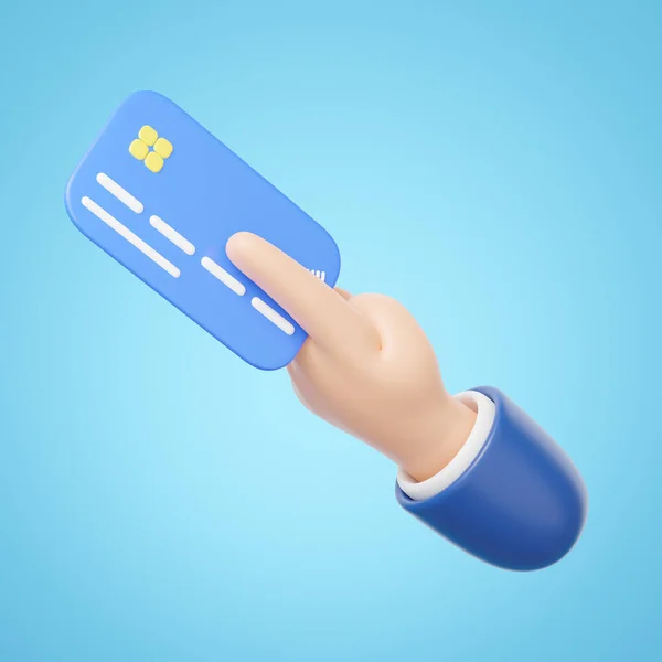 3D Hand holding Credit card and floating isolated on blue background. Online store credit card or debit cards accept. Withdraw money, Easy shopping, Cashless society concept. Cartoon minimal 3d render