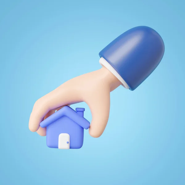 Mano Recoger Icono Casa Casa Mano Aislada Sobre Fondo Azul — Foto de Stock