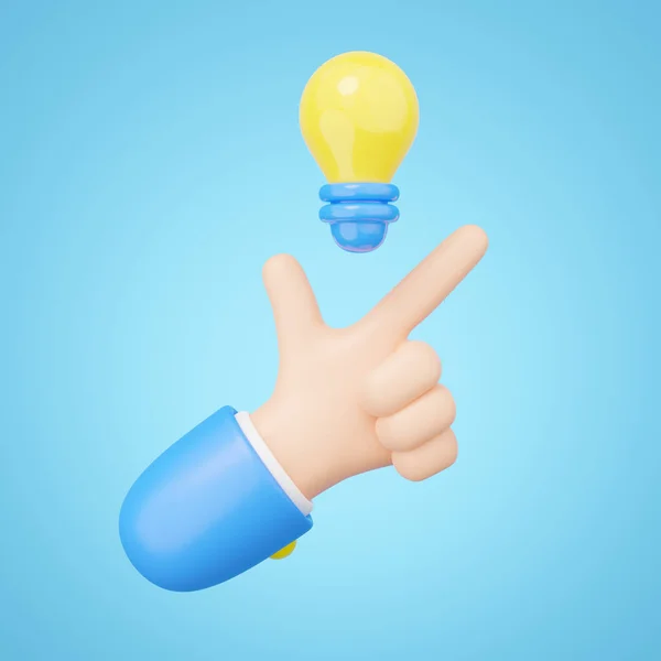 3D Snap finger icons. Light bulb floating in hand on blue background. Business creative idea, Great ideas competition, brainstorm think, Success education concept. Cartoon icon. 3d render illustration