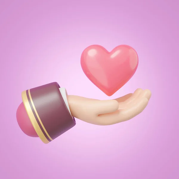 3D Pink heart float on red arm icon. Cartoon hand holding heart isolated background. Give send love. Valentine\'s Day, World health day, Donate family insurance concept. 3d render icon. clipping path.