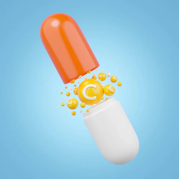 Vitamin C Supplement medicine. Open orange capsule pill on blue background. Health care medical and drug business concept. Dietary supplements health neutralize free radicals advertising. 3D rendering
