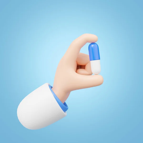 3D hand holding medicine icon. Doctor giving drug, antibiotic pill capsule. Pharmacy dispense. Health care, medical treatment, pharmaceutical or medication concept. Cartoon minimal icon. 3D render.