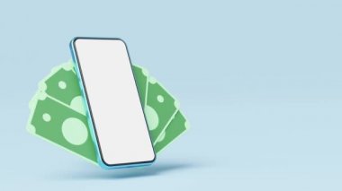 3D ATM Mobil Bankacılık. Mavi arka planda yüzen telefondan nakit para uçtu. Çevrimiçi ödeme servisi. Para tasarrufu ve iş dünyası finansal konsepti. Akıllı telefon para transferi çevrimiçi. 3d hazırlayıcı