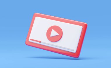 Üç boyutlu sosyal medya simgesi. Mavi zemin üzerinde yüzen kırmızı video oynatıcı arayüzü. Cep telefonundan canlı yayın. Mockup Cartoon en az pürüzsüz stil. 3D simge oluşturma. Kesme yolu.