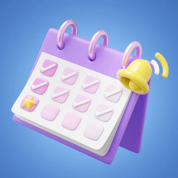 Значок Уведомления Календаря Фиолетовый Календарь Отметкой Дату Колокол Плавает Голубом — стоковое фото