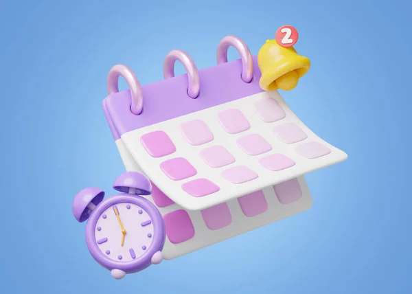 3D Calendar reminder icon. Purple calender with empty date, bell, clock floating on blue. Scheduled, event, holiday plan, business notification concept. 3d render cartoon icon smooth. Clipping path.