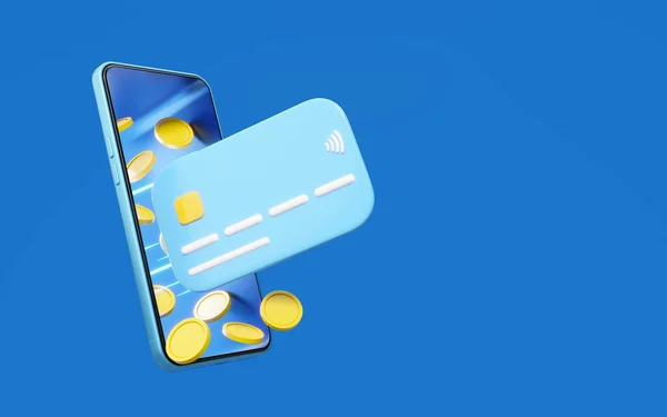 Credit card, money coin flew out phone on blue background. Mobile banking, Online payment service. Virtual card, business financial concept. Smartphone money transfer. 3d cartoon render clipping path.