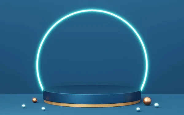 金の境界線 ボール コピースペースの背景にネオン照明と3Dブルーのシリンダー台座 空の近代的な表彰台のモックアップ アブストラクト技術暗い最小限の幾何オブジェクト 3Dレンダリング図 — ストック写真