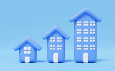 3d Mockup oku yukarı, ev, bina, mavi arka planda daire. Ekonomik yatırım artışı. Yükselen ev değeri grafik konsepti. Çizgi film simgesi çok az pürüzsüz. 3d render kırpma yolu.