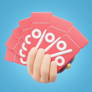 İnternetten kupon alışverişi yap. 3D Hand 'in elinde mavi üzerinde izole edilmiş indirimli fiyat etiketi yelpazesi var. Özel zaman, Flash satışı, sınırlı promosyon teklifi konsepti. Çizgi film simgesi pürüzsüz. 3 boyutlu görüntüleme. Kesme yolu